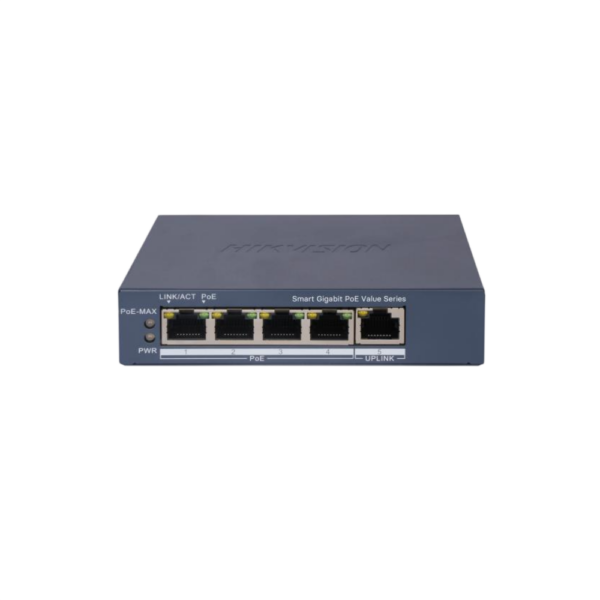 Switch PoE Gigabit Administrable Hikvision DS-3E1505P-EI – 4 Puertos PoE + 1 Uplink, 60 W, VLAN, Alarma y Largo Alcance