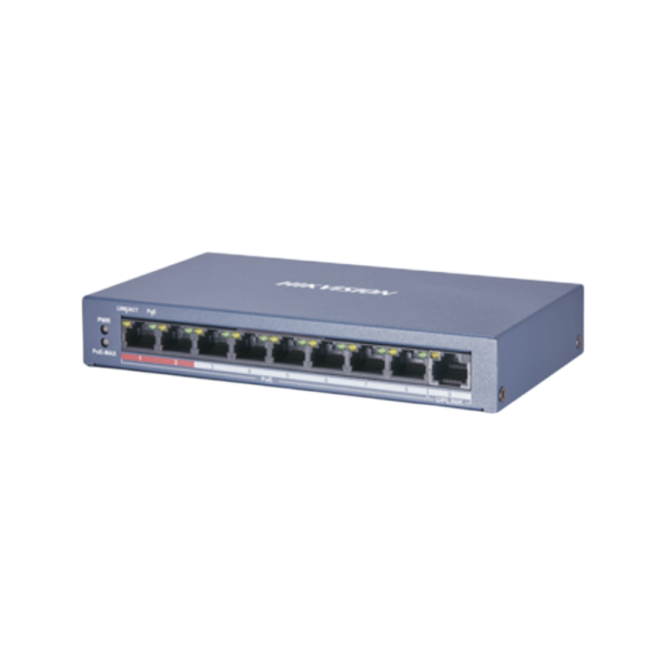Switch PoE+ No Administrable Hikvision DS-3E0109P-EM(B) – 8 Puertos 10/100 Mbps, 1 Puerto Uplink 100 Mbps, Potencia PoE hasta 60 W